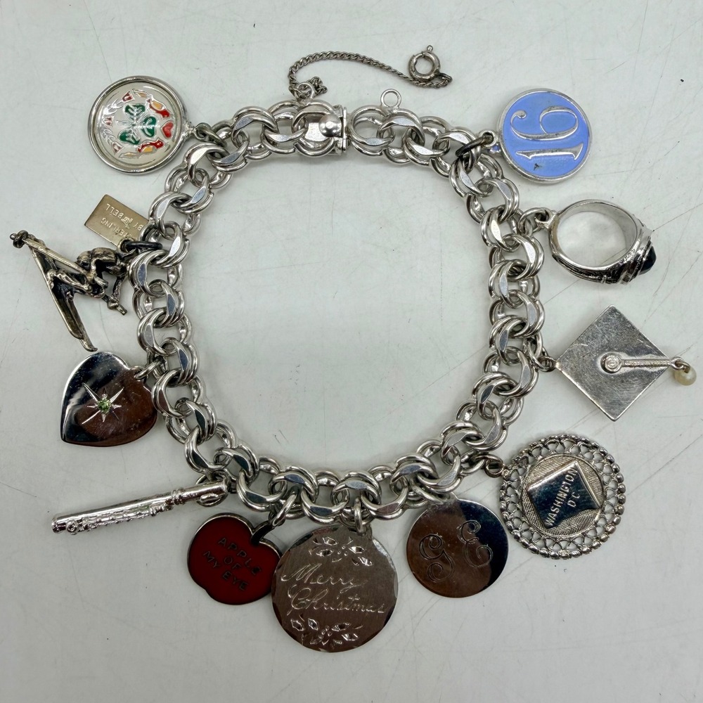 Vintage Sterling Silver Charm Bracelet Skier Flute Graduation 11 Charms 1971